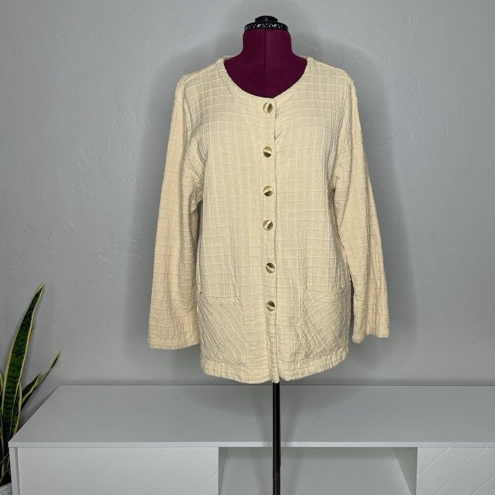 Orvis Cardigan Women S Cream Beige‎ Cotton Textured Grid Knit Button Up Jacket